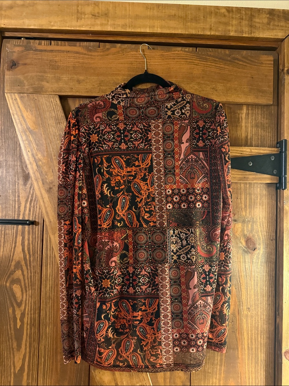 Jane and Delancey Long-Sleeve Patchwork Paisley Top in Rust, Black and Burgundy